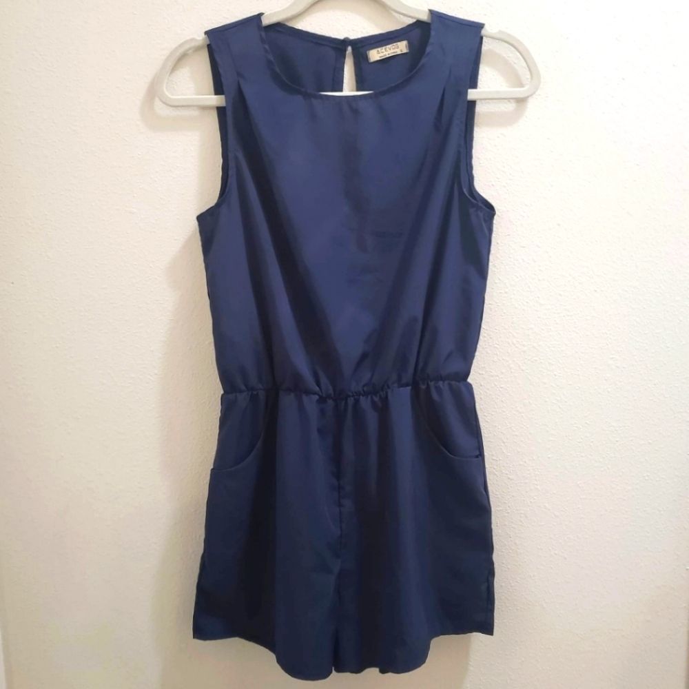 Acevog Romper Womens Small Open Back Sleeveless Pockets Navy Blue One-Piece
